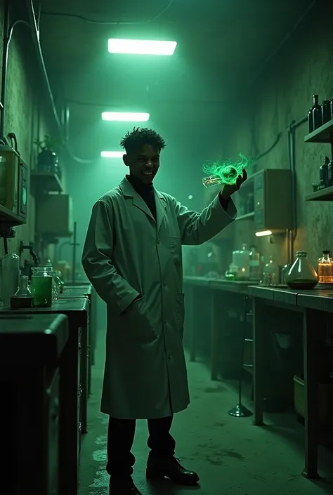 lab coat, black t-shirts grin, underground, laboratory, dark green liquid is in test tube, strange atmosphere