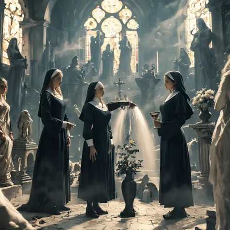 a pair of women in black robes standing next to a vase, mebius and aeon flux, strong line art, floating twin nuns, left and vlop, inspired by uno aquirax, occultist, ritual, blended style of eternal flow, eerie graveyard made of, aeon flux mixed style, pou...