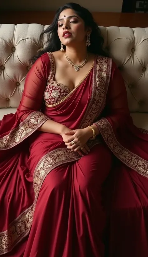 Full body image, top view Full body image, indian hourglass body, Indian medium plus sized 25 year old Telugu bride syamala, lovely face, mouth wide open, both legs wide spread to both sides, partially closed eyes, face lifted towards camera, wearing highl...