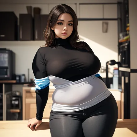 timid short petite cute chubby Mexican nerdy emo teen, medium slightly curvy hair, cute detailed brown eyes, cutely detailed lips, cute highly detailed eyes and face, voluptuous breasts, thin thighs, chubby hips, long sleeve plain turtleneck shirt tucked i...