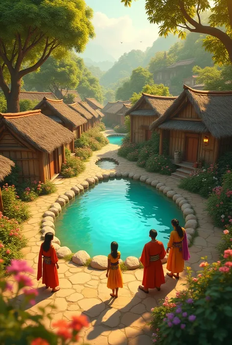 "A vibrant, Pixar-style 3D-rendered rural village with warm, golden sunlight. In the center, a magical pond glows softly with a blue shimmer. The pond is surrounded by lush trees, colorful flowers, and small traditional houses. Villagers, dressed in simple...