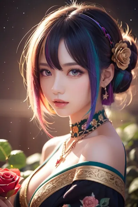 Close-up of a woman with  colorful  hair and necklace,  anime girl 、Cosmic Hair , The gentle vitality of rose roses,    Fantasy Art Style ,  colorful ],  vivid fantasy style, Ross draws vibrant cartoons, cosmic and  colorful ,  colorful  digital fantasy ar...