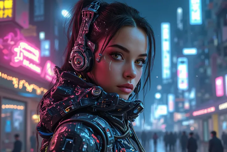 Create a beautiful female cyberpunk character, in cyberpunk clothes.