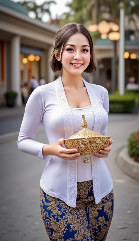 " A graceful young woman smiles warmly , wearing a traditional white kebaya with a beautiful lace motif and a blue and gold batik bottom.  She holds a traditional bowl with caution .  The background atmosphere features a modern cafe or market area with war...