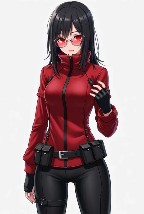 1. Red Jacket: Long sleeved, high collar, fitted to the body with a slim silhouette and black belt at the waist.

2. Black Skinny Pants: Tight and tactical, with details like extra pockets.

3. Fingerless Gloves: Black, fitted for better grip, with a more ...