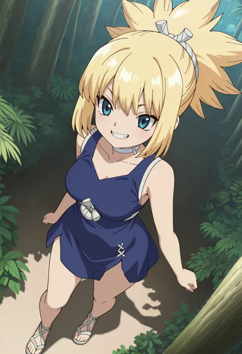 masterpiece, best quality, highres, newest, 1girl, solo, official style, anime screncap, kohaku, blonde hair, blue eyes, white choker, sandals, blue sleeveless dress, ponytail, dutch angle, ((grin)), standing, tropical forest, thighs, ((from above)), 