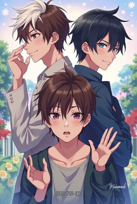 A cover like that of the B-Komachi songs by Oshi No Ko with 3 boys, one with brown hair with a white tuft, And the other 2 black-haired boys 