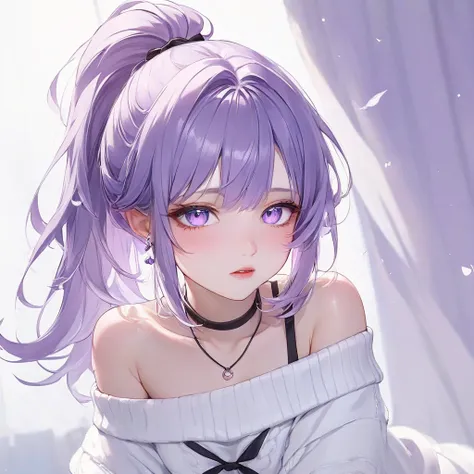  1 girl。Light purple ponytail。white off-the-shoulder sweater。Light purple eyes。