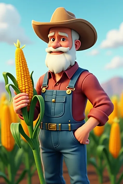 a cartoon farmer holding a corn stalk in his hand, wearing farm clothes, tall farmer, farmer,  Overalls and White Beard , farmville, farm background,  is a Fortnite character ,  as a Claymation character , farm land, 🌻🎹🎼,  official drawing ,  John Redcorn ...