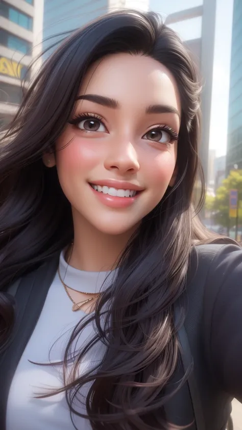 smiling woman with long dark hair in front of a building, instagram story, selfie of a young woman, tiktok video, low quality video, headshot profile picture, alanis guillen, pokimane, gorgeous latina face, beautiful and smiling, low quality footage, smili...