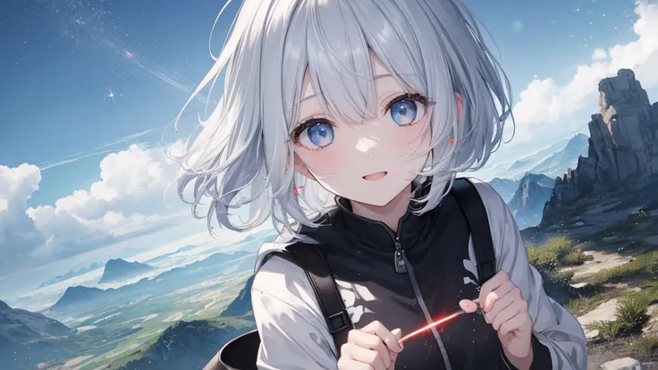  white hoodie、 black shirt 、Ultra HD, look at viewers, and, 20 years old, 非常に short hair,  long bangs between eyes ,  pale blue eyes ,  very detailed,( Masterpiece、 top quality),Gray Hair、Laughter、wondrous,  Silver Hair,  iris, Small face、明るいsmile、( detail...