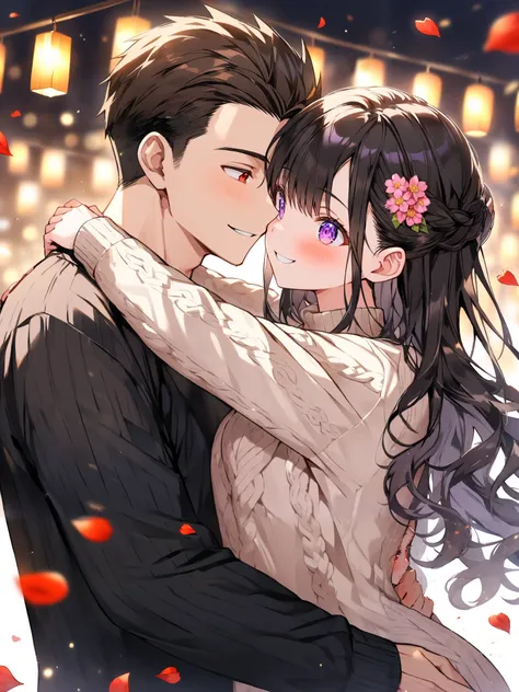 High Resolution, Masterpiece, Best Quality, couple, boy and girl,
[[The Boy : Handsome ; Muscular body; black hair ; detailed eyes ; purple eyes]],
[[The Girl : brown hair ; cute face ; red eyes ; smiling ; wearing cute sweater]] 
, hug, kisses, flower pet...