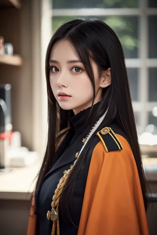  white **-****-*** girl with long black hair is wearing a military uniform,  Orange Cape , Big hazel eyes,  Science Fiction , Dark mood, 