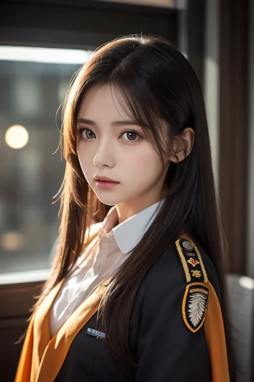  white **-****-*** girl with long black hair is wearing a military uniform,  Orange Cape , Big hazel eyes,  Science Fiction , Dark mood, 