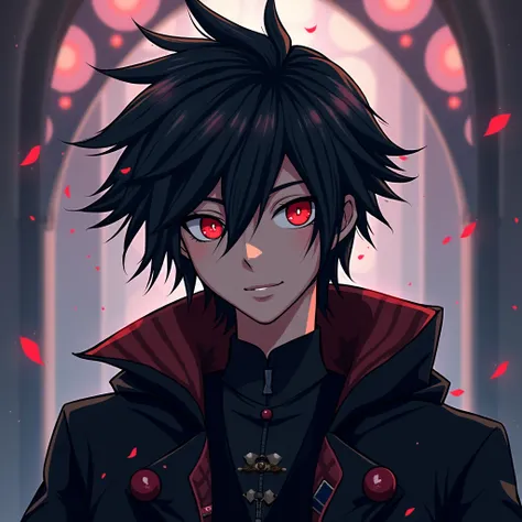 Man, black hair, light red eyes, black coat, light smiling face from kingdom hearts pixel image