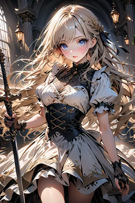 1 girl, masterpiece,  high resolution, accurate,  high detail, 
A majestic sword princess with long, flowing blonde hair and piercing eyes, wearing an elegant white-based maid outfit adorned with intricate frills, lace, and delicate embroidery. Her dress h...