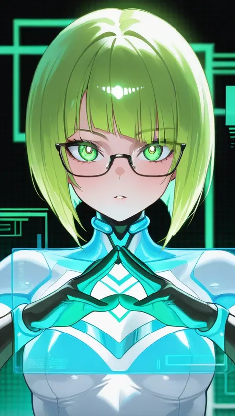 Athetic, tone body,A futuristic cybernetic scientist and hypnotist, Nico Quantum she has vibrant green bob-cut hair, glowing green eyes with a hypnotic swirl pattern, and wears sleek high-tech glasses with holographic displays. Her outfit is a the Japanese...