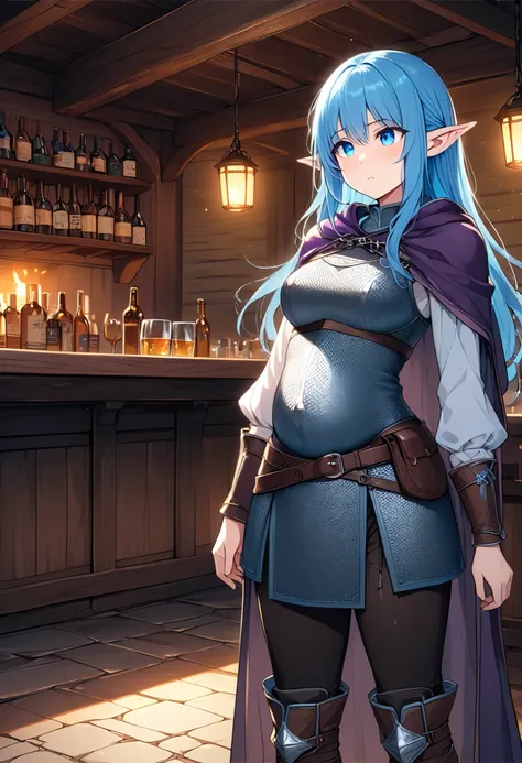 High Resolution, Masterpiece, 4K, tavern interior, night, 1girl, blue hair, long straight hair, medium breasts, blue eyes, half elf ears, chainmail vest, cyan tunic, purple cloak, black pants, wrapped boots, standing by counter, uncomfortable expression, s...