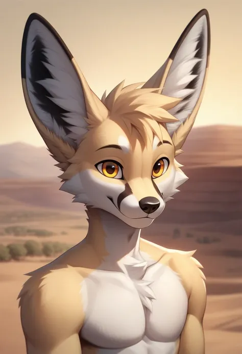 Fennec fox, furry, male, happy calm face, beige colored fur, white underbelly, black ear markings, illustration, masterpiece, ultra-detailed, Impressionistic:colorful, amber eyes, anime and cartoony artstyle, male anatomy, fennec face features, desert back...