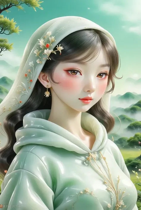  An ultra-detailed depiction of a young Asian woman ,  Ethereal character creation，Pale face , ，Softly depicts her delicate face , Giving her an angelic look .   Her expressive eyes are full of innocence and wonder , ， adds a sense of purity and tenderness...