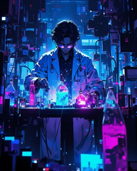 Secret Laboratory, a scientist at work, blurred machinery and equipment in the background, blue and purple lighting, bubbling liquids, Homunculus in a liquid pod, glowing experiments, neon lighting, moody atmosphere, 8k, masterpiece