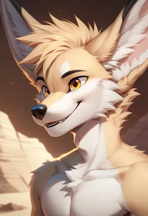 Fennec fox, furry, male, happy calm face, beige colored fur, white underbelly, black ear markings, illustration, masterpiece, ultra-detailed, Impressionistic:colorful, amber eyes, anime and cartoony artstyle, male anatomy, fennec face features, desert back...