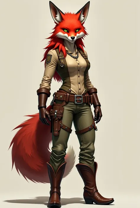 women's furry fox with dark red hair fox head green eyes cowboy suit with cloth pants and cowboy boots 