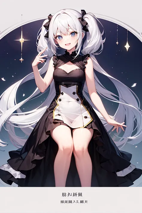  white hair、Gray Hair、 beautiful girl、 big smile 、Innocent、Delighted、 Idle、 white skin、Transparency、 cute girl、 slender、 Slim、 high image quality、4ｋ、 medium hair、 cute、Cutesy、 twin tails、透き通る white skin、smile、 innocent、Overall silhouette