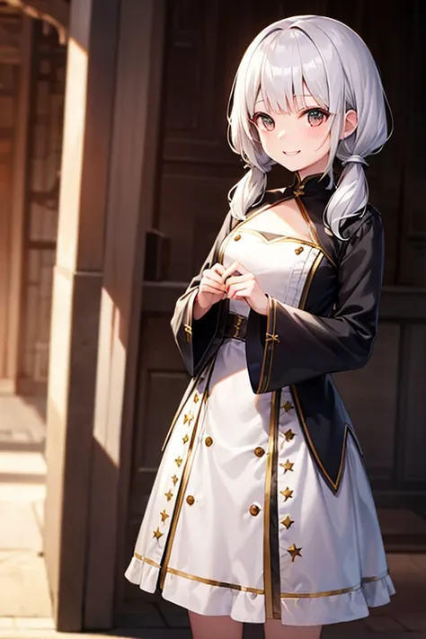  white hair、Gray Hair、 beautiful girl、 big smile 、Innocent、Delighted、 Idle、 white skin、Transparency、 cute girl、 slender、 Slim、 high image quality、4ｋ、 medium hair、 cute、Cutesy、 twin tails、透き通る white skin、smile、 innocent、Overall silhouette