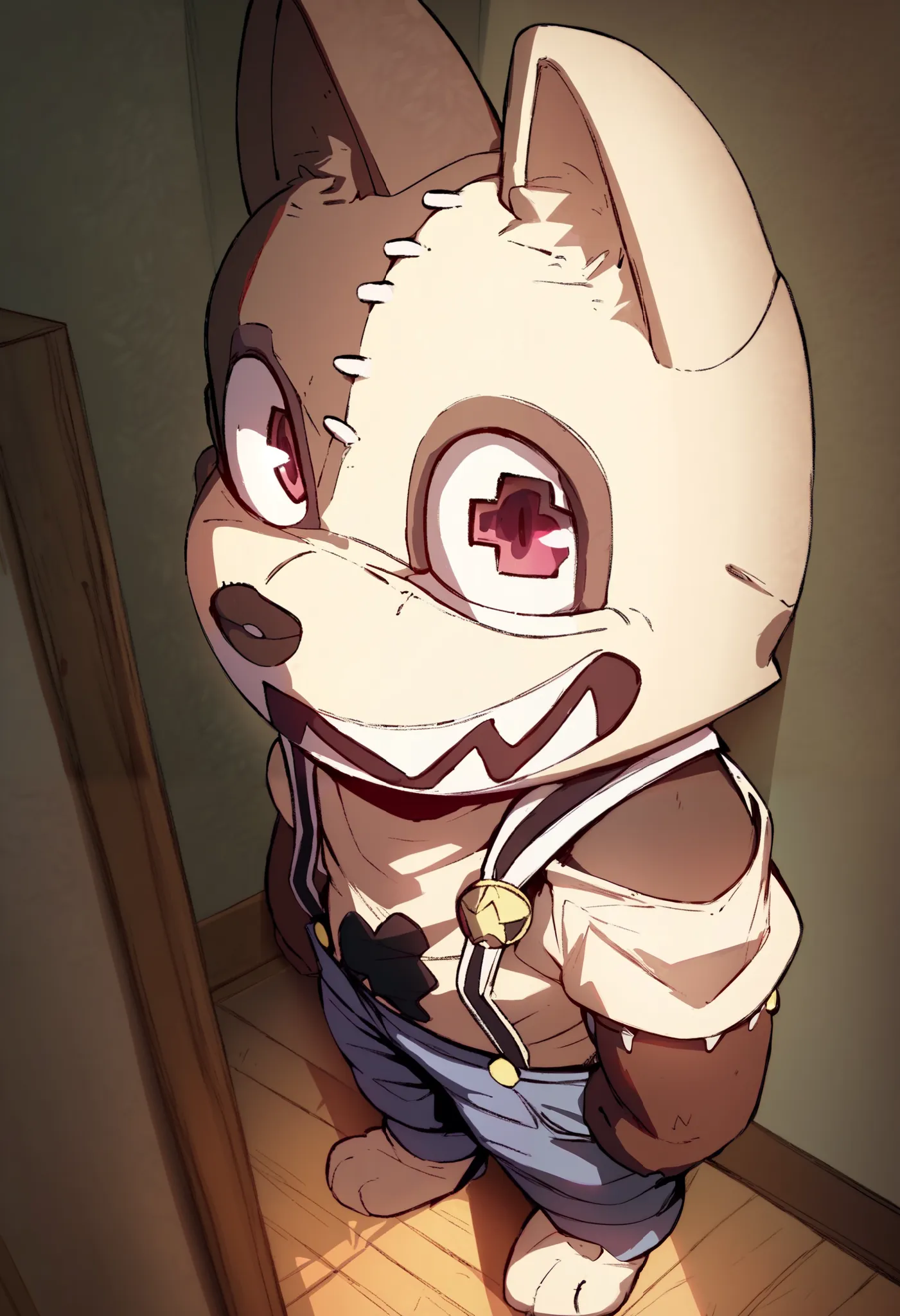 score_9, score_8_up, score_8, furry, Shuichi, dog, big smile, stitches, sharp teeth, odd pupil, cartoon style, 2d, furry male, high angle, solo, overalls, standing, looking at viewer, inside