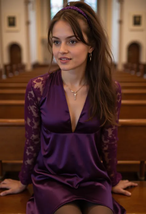  young brunette woman ,  beautiful eyes .  long brown hair with ponytail .  hairband , necklace with cross, knee-length A-line dress in dark purple shiny satin with purple lace sleeves,   pantyhose ,  transparent lip gloss , slender building, pretty, 2,  f...