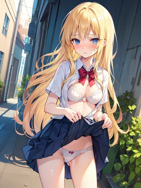  high school girl、 Unpopular Back Alley、uniform、Button Open、skirt lift、blonde long haired gal、Glare、blush、Medium breast、 white bra、 white panties 、 humiliating expression、 pee、Teary-eyed