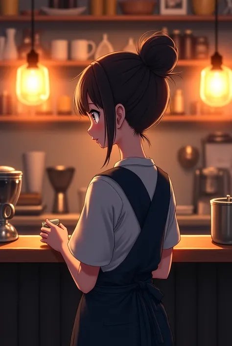  A barista behind the counter ,  Soft and cozy lighting , night,  anime-style character, without being too realistic,  but the background with details that would be in a coffee shop, stylish coffee shop ,  barista wearing pretty, loose clothes  