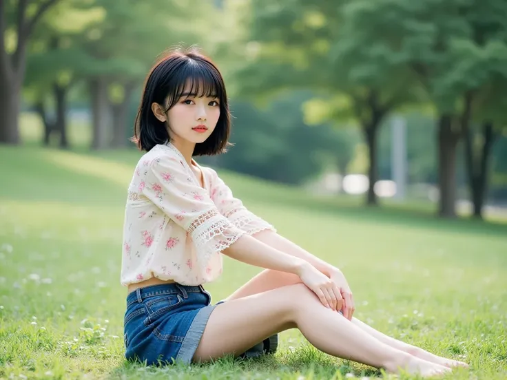 masterpiece, best quality, Cinematic photo, a 18-year-old Japanese woman (short black straight hair, bangs reaching to eyebrows, boyish, with ears sticking out, Brown eyes), Complete Anatomy, Complete Hands, wearing a floral-patterned blouse with lace deta...