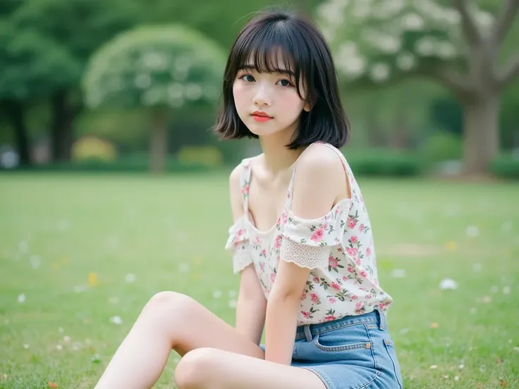 masterpiece, best quality, Cinematic photo, a 18-year-old Japanese woman (short black straight hair, bangs reaching to eyebrows, boyish, with ears sticking out, Brown eyes), Complete Anatomy, Complete Hands, wearing a floral-patterned blouse with lace deta...