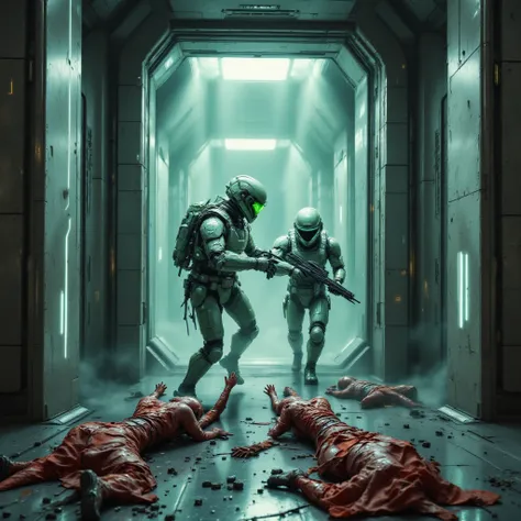 High resolution, masterpiece, photorealistic, many soldiers wearing futuristic light green battle suite and holding a laser gun are rushing to an entrance of the futuristic headquarters in the futuristic city. In front of the entrance some dead bodies of f...