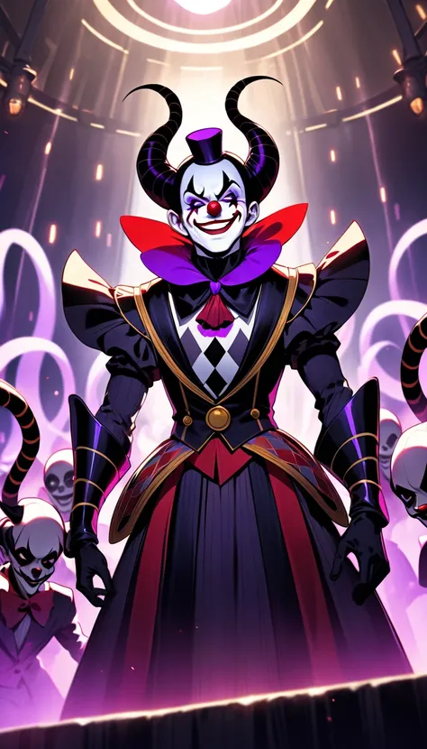 " A mysterious and enigmatic clown in a dark riding arena .  His smile is not only amusing ,  but hides a penetrating gaze that pierces the soul .  The makeup is dark and dramatic ,  with subtle Scorpio details ,  like a scorpion's tail stylized in the cos...