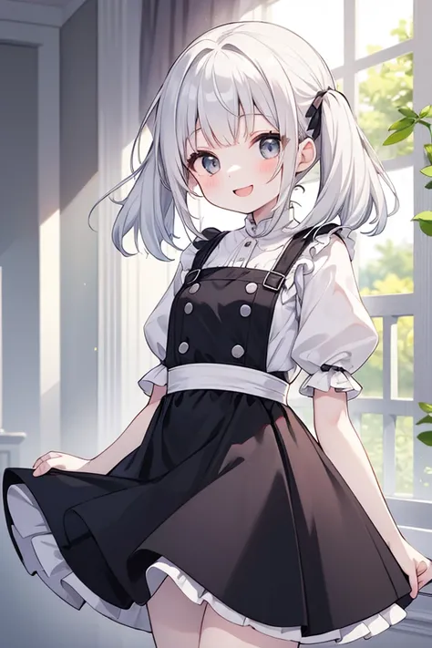  white hair、Gray Hair、 beautiful girl、 big smile 、Innocent、 Fantastic、Delighted、 Idle、 white skin、Transparency、 cute girl、 slender、 Slim、 high image quality、4ｋ、 medium hair、 cute、Cutesy、 twin tails、透き通る white skin、smile、 innocent、Overall silhouette