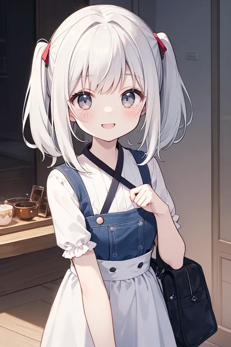  white hair、Gray Hair、 beautiful girl、 big smile 、Innocent、 Fantastic、Delighted、 Idle、 white skin、Transparency、 cute girl、 slender、 Slim、 high image quality、4ｋ、 medium hair、 cute、Cutesy、 twin tails、透き通る white skin、smile、 innocent、Overall silhouette