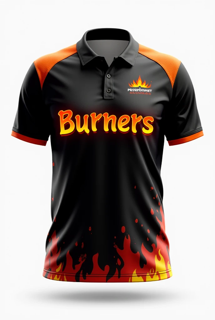 The cricket tournament jersey design for "Burners" should reflect intensity, energy, and competitiveness. Here's a detailed description:

- **Color Scheme**: A bold mix of **fiery orange**, **black**, and **charcoal grey**. The orange represents heat and p...