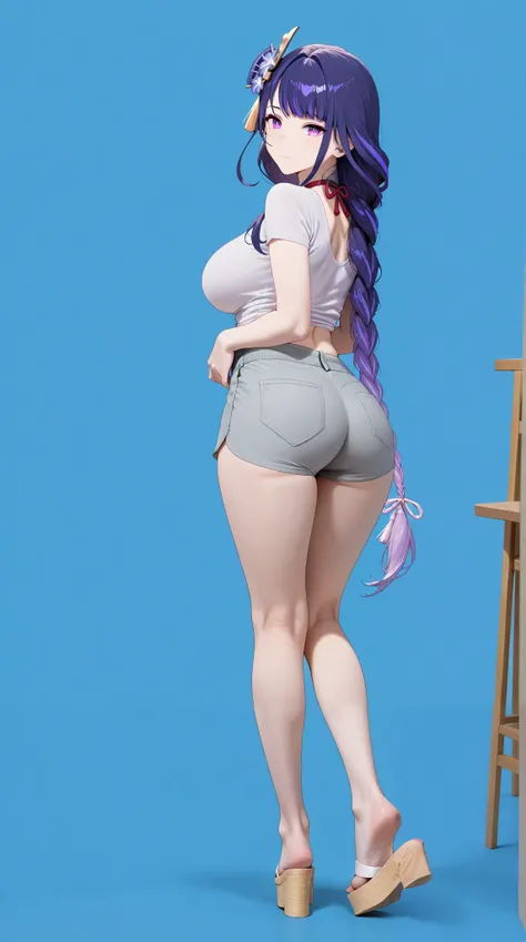 masterpiece, extremely detailed,4k,solo,1girl,adult ,((fullbody)),raiden shogun,slim body, sexy legs,perfect body,perfect skin texture,large breasts,housewife,grey short pants,white tshirt, soft light, high detailed, best quality, upper body,looking at vie...