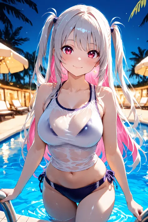 (Resort hotels pool:1.3), cute girl, Alone, (Tank top bikini), AIU, Grey hair, shiny hair, ({Magenta inner hair:1.5)}, ({Sheer Pink inner hair:1.2}),  (straight long hair:1.1), (two side up hair style:1.1), Hair Accessories, (Walking by pool:1.2), cowboy s...