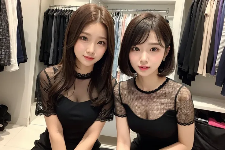 Indonesian girl   Hairstyle Casual,  wearing Tight round neck  mesh lace shirt   with her friend at clothes shop