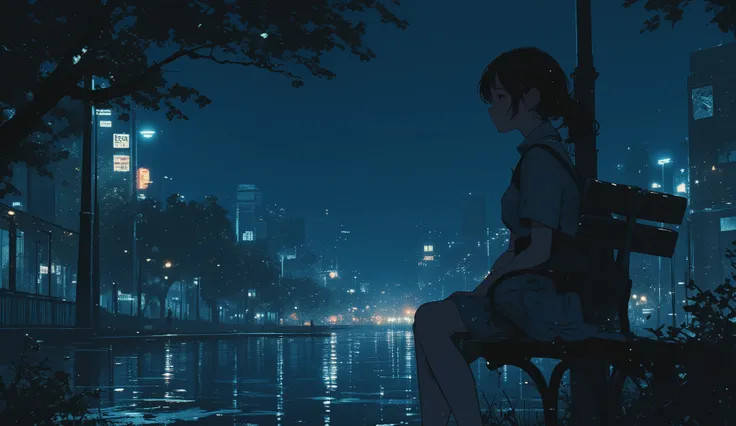 The profile of a 、 Under the Street Light、
 beautiful woman sitting lonely on a park bench at night comes up vaguely.  atmosphere:  as if you could see it, but you can't.  poetic expression born from polysemy . Tip:  adds depth with water drops and glass r...