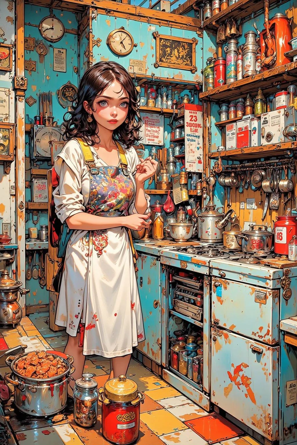  Fairytale Kitchen , Here's Her Secret Cooking Lab ,woman in a simple white apron, Secret Base Kitchen with Stove , refrigerator,  and Dishwasher  ,  70s Kitchen ,  70s Kitsch and Psychedelia , ヴィンテージrefrigeratorにステッカー, cute kitchen ,  Vintage 70s Vintage ...