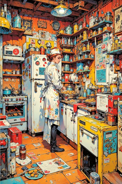  Fairytale Kitchen , Here's Her Secret Cooking Lab ,woman in a simple white apron, Secret Base Kitchen with Stove , refrigerator,  and Dishwasher  ,  70s Kitchen ,  70s Kitsch and Psychedelia , ヴィンテージrefrigeratorにステッカー, cute kitchen ,  Vintage 70s Vintage ...