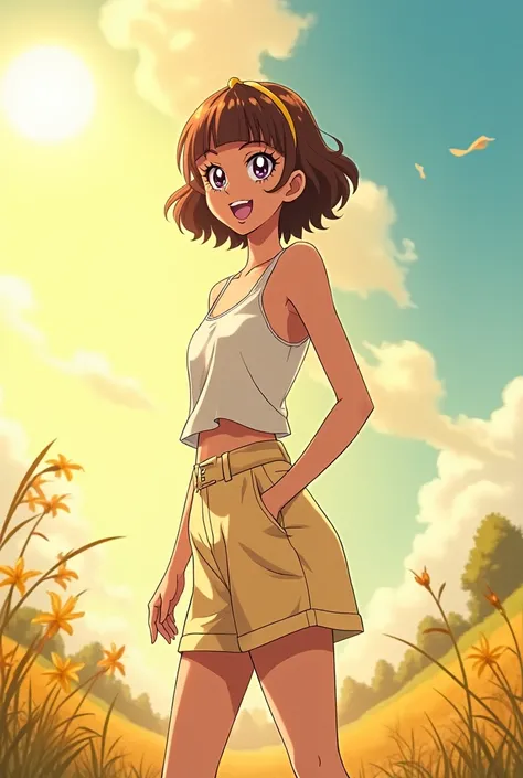 A girl, summer heat, sweating, light clothing, happy, short hair, full body. 