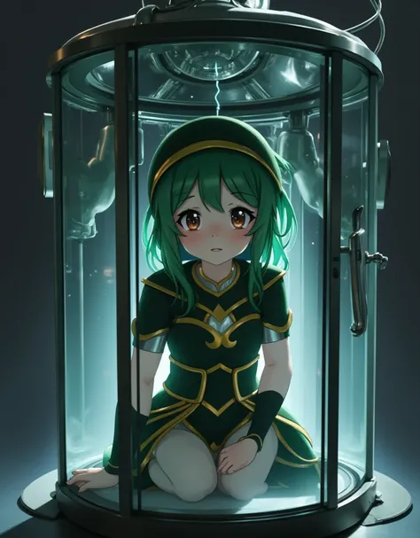 anime daughter, machinery, inside a glass box, scared, tearing, looking down