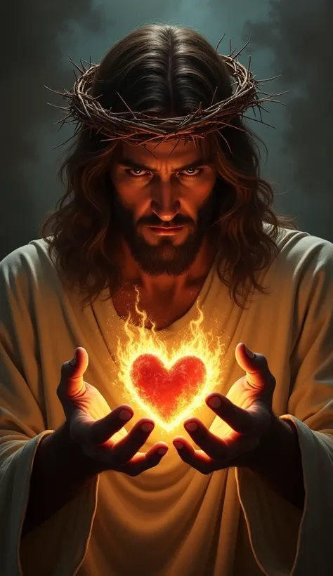 A powerful and symbolic image of Jesus Christ with a crown of thorns, holding a burning heart in his hands. The fire does not harm him, as it represents divine love, sacrifice, and eternal compassion for humanity."
