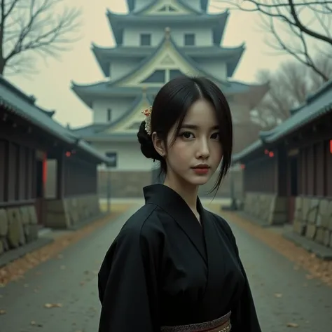 a serene portrait of a asian woman,looking at the viewer and wearing a black kimono and  hakama in a japanese shinto Schreine, in background ; there is a huge japanese castle and a lot of trees and dust. mysterious and dark atomosphere 